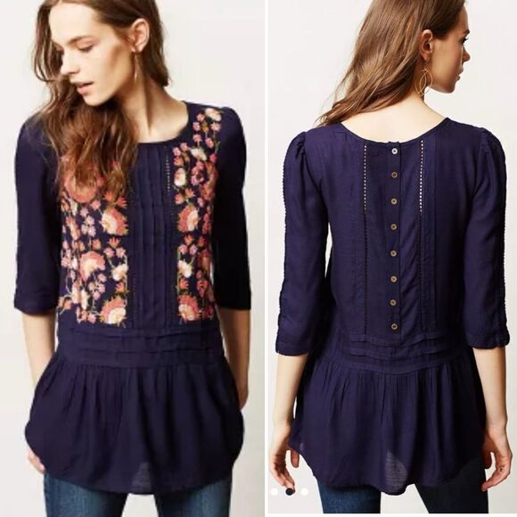 FLOREAT Anthropologie Luana Navy Floral Embroidered Peplum Flowy Blouse Top Sz 0 - Picture 1 of 9